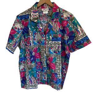 Vintage Hawaiian Button Down Shirt XL Tropical Floral Tiki Hawaii 80s Colorful
